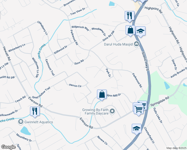 map of restaurants, bars, coffee shops, grocery stores, and more near 3455 Broxton Mill Way in Snellville