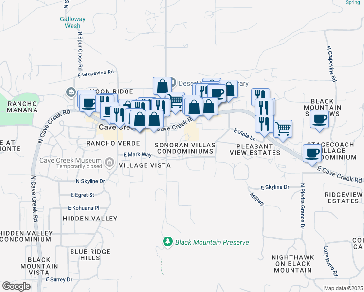 map of restaurants, bars, coffee shops, grocery stores, and more near 6434 East Military Road in Cave Creek