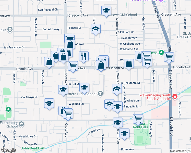 map of restaurants, bars, coffee shops, grocery stores, and more near 125 South Westchester Drive in Anaheim