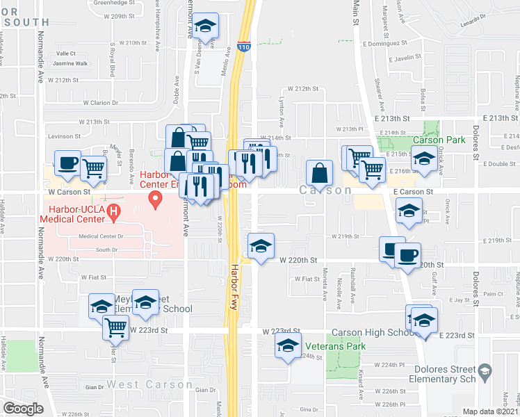 map of restaurants, bars, coffee shops, grocery stores, and more near 21718 South Figueroa Street in Carson
