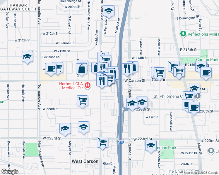 map of restaurants, bars, coffee shops, grocery stores, and more near 715 West 220th Street in Torrance