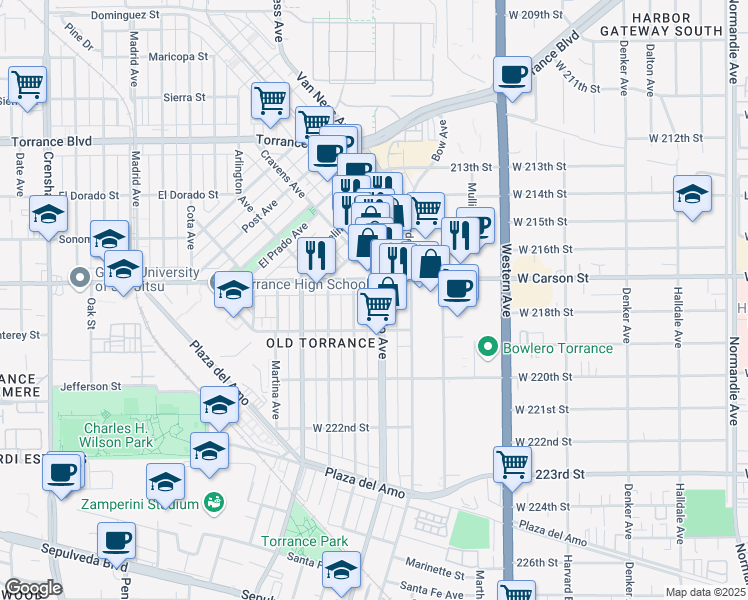 map of restaurants, bars, coffee shops, grocery stores, and more near in Torrance