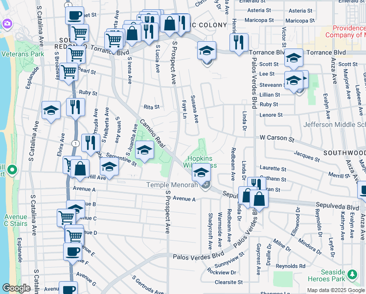 map of restaurants, bars, coffee shops, grocery stores, and more near 1105 Barbara Street in Redondo Beach