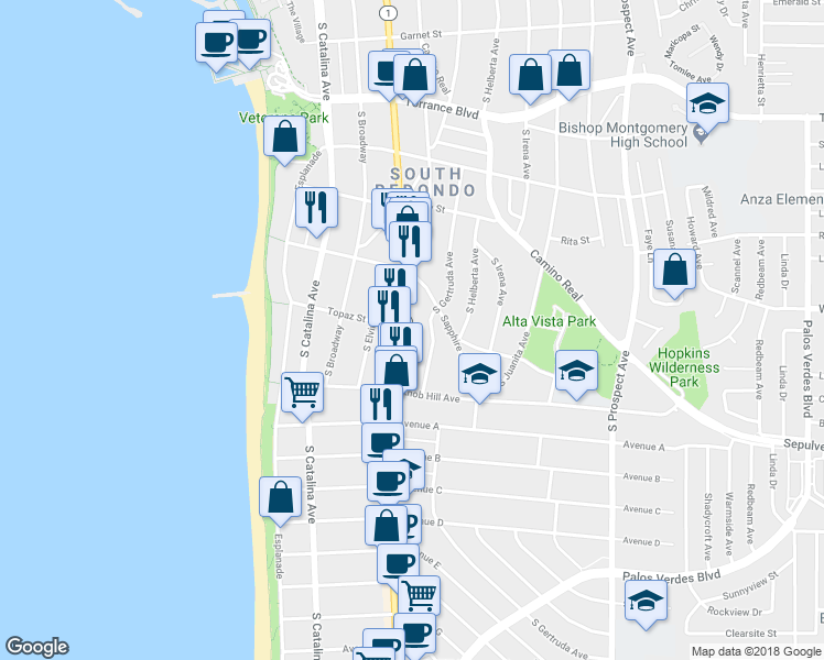 map of restaurants, bars, coffee shops, grocery stores, and more near 624 South Pacific Coast Highway in Redondo Beach