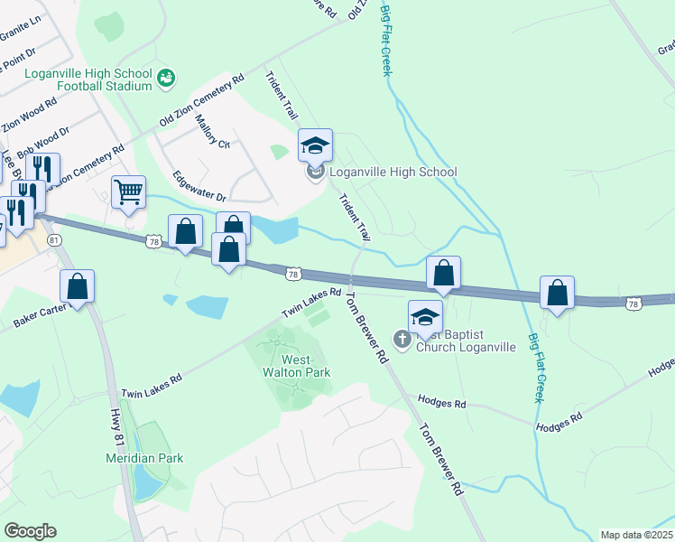 map of restaurants, bars, coffee shops, grocery stores, and more near 0 U.S. 78 in Monroe