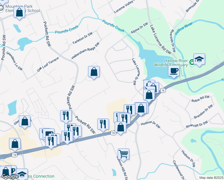 map of restaurants, bars, coffee shops, grocery stores, and more near 4856 Rock Haven Drive Southwest in Lilburn