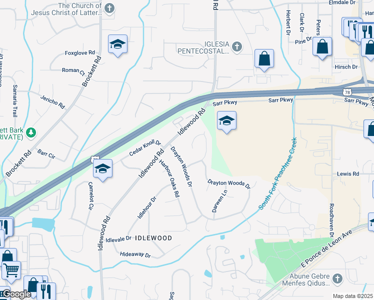 map of restaurants, bars, coffee shops, grocery stores, and more near 1652 Weymouth Court in Tucker
