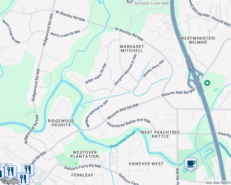 map of restaurants, bars, coffee shops, grocery stores, and more near 2751 Margaret Mitchell Drive Northwest in Atlanta
