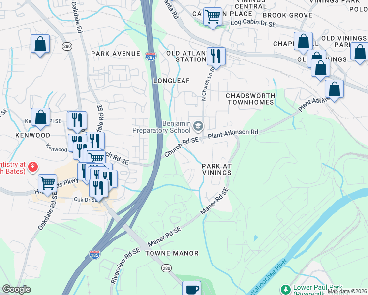 map of restaurants, bars, coffee shops, grocery stores, and more near 2400 Church Road Southeast in Smyrna