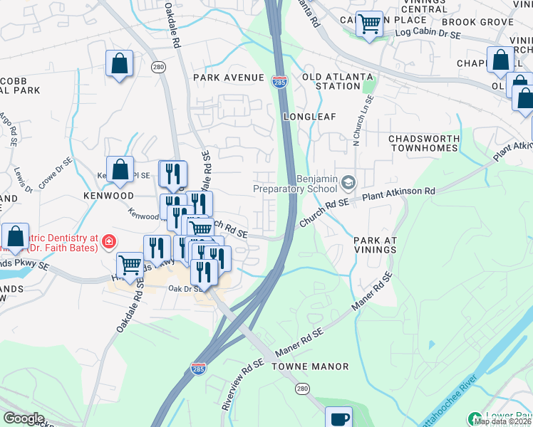 map of restaurants, bars, coffee shops, grocery stores, and more near 2358 Whiteoak Way Southeast in Smyrna