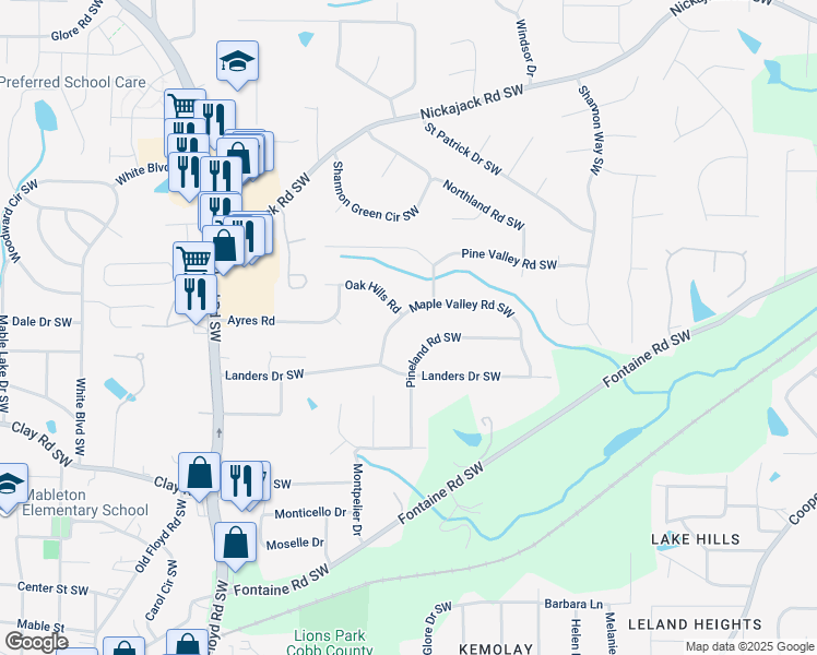 map of restaurants, bars, coffee shops, grocery stores, and more near 5267 Maple Valley Road Southwest in Mableton