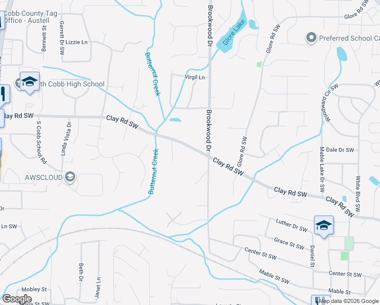 map of restaurants, bars, coffee shops, grocery stores, and more near 1397 Clay Road Southwest in Mableton