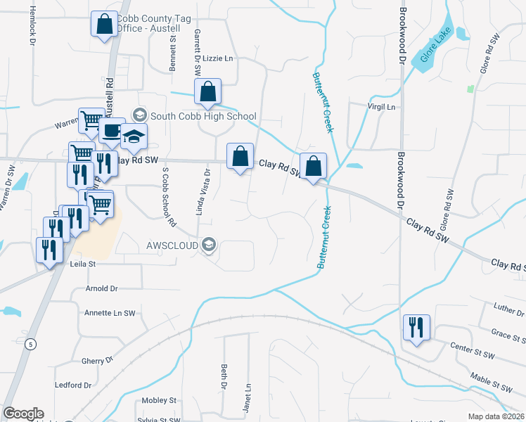map of restaurants, bars, coffee shops, grocery stores, and more near 5059 Huntcrest Walk Southwest in Mableton