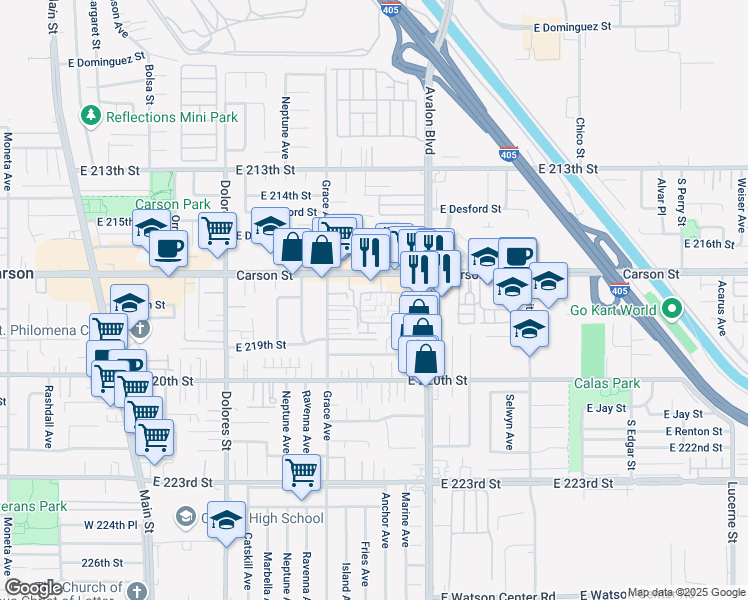 map of restaurants, bars, coffee shops, grocery stores, and more near 798 Colorado Circle in Carson