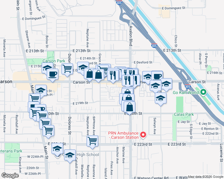 map of restaurants, bars, coffee shops, grocery stores, and more near 798 Colorado Circle in Carson