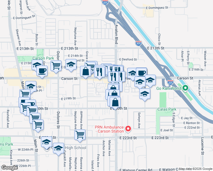 map of restaurants, bars, coffee shops, grocery stores, and more near 630 Colorado Circle in Carson