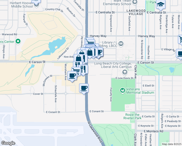 map of restaurants, bars, coffee shops, grocery stores, and more near 4000 North Lakewood Boulevard in Long Beach