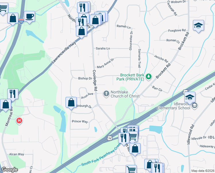 map of restaurants, bars, coffee shops, grocery stores, and more near 3752 Bailey Road in Tucker
