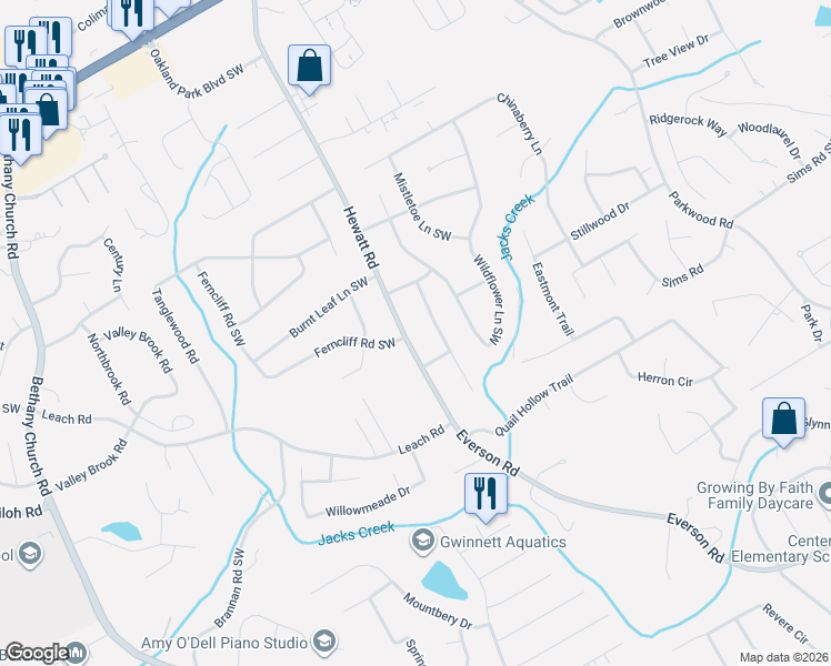 map of restaurants, bars, coffee shops, grocery stores, and more near 2600 Hewatt Road in Snellville