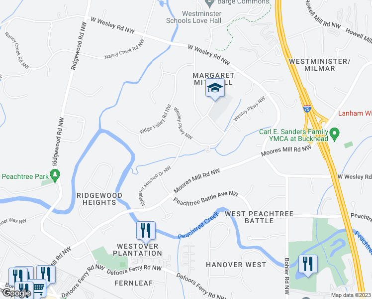 map of restaurants, bars, coffee shops, grocery stores, and more near 2751 Margaret Mitchell Drive Northwest in Atlanta