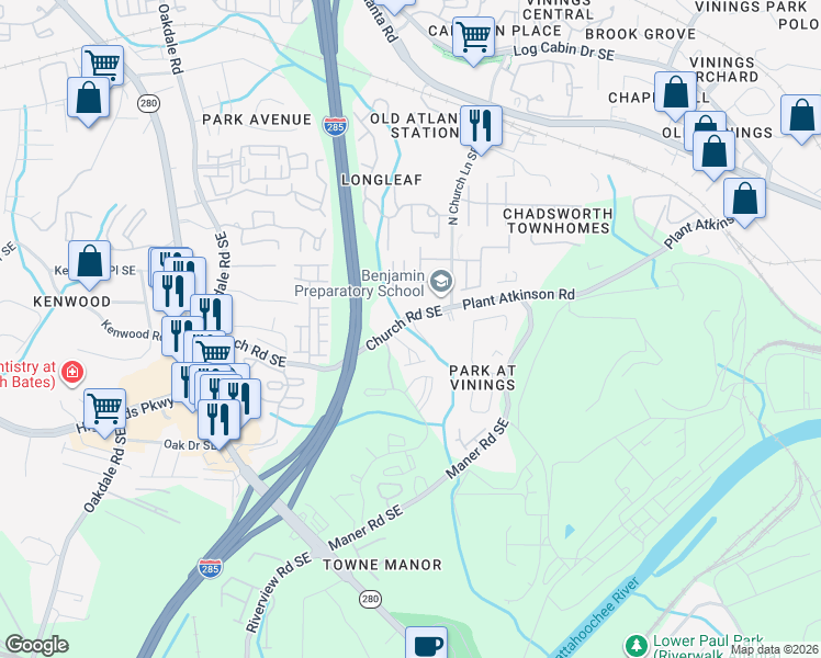 map of restaurants, bars, coffee shops, grocery stores, and more near 2400 Church Road Southeast in Smyrna