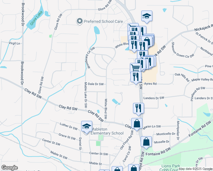 map of restaurants, bars, coffee shops, grocery stores, and more near 5041 White Boulevard Southwest in Mableton