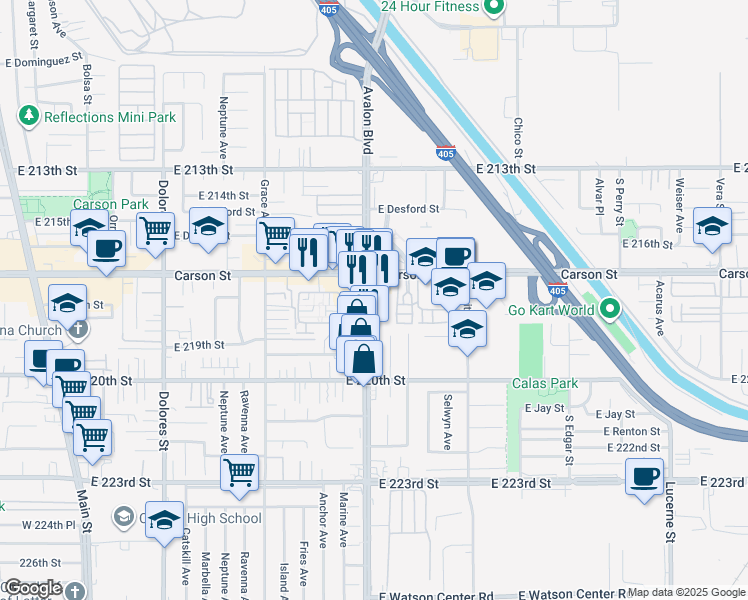 map of restaurants, bars, coffee shops, grocery stores, and more near in Carson