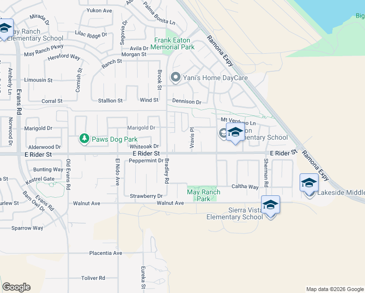 map of restaurants, bars, coffee shops, grocery stores, and more near 1644 East Rider Street in Perris