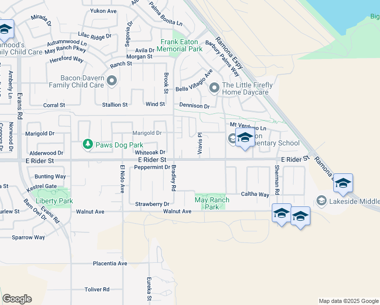 map of restaurants, bars, coffee shops, grocery stores, and more near 1666 East Rider Street in Perris