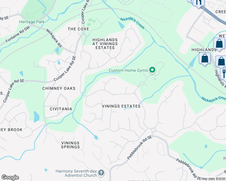 map of restaurants, bars, coffee shops, grocery stores, and more near 648 Vinings Estates Drive Southeast in Mableton