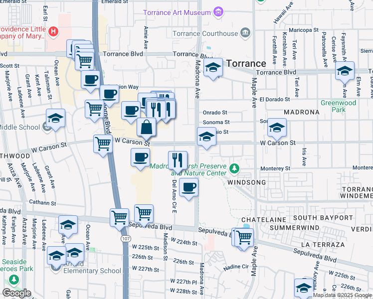 map of restaurants, bars, coffee shops, grocery stores, and more near 3405 West Carson Street in Torrance