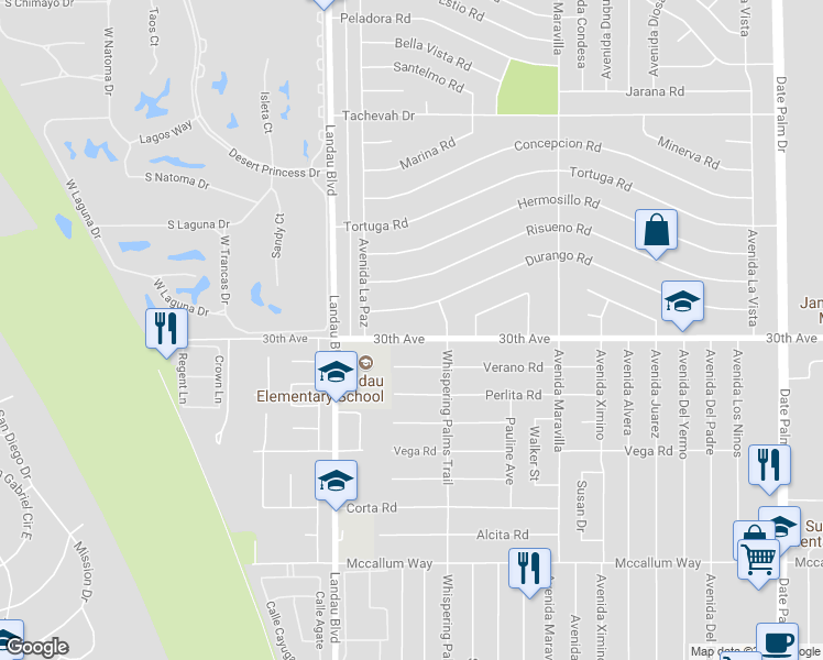 map of restaurants, bars, coffee shops, grocery stores, and more near 68158 30th Avenue in Cathedral City