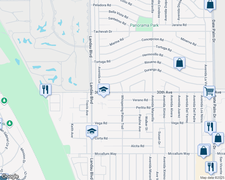 map of restaurants, bars, coffee shops, grocery stores, and more near 68158 30th Avenue in Cathedral City
