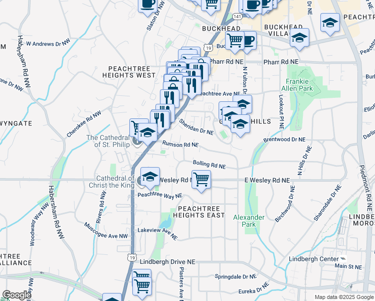 map of restaurants, bars, coffee shops, grocery stores, and more near 57 Rumson Way Northeast in Atlanta