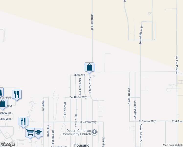 map of restaurants, bars, coffee shops, grocery stores, and more near 72998 30th Avenue in Thousand Palms