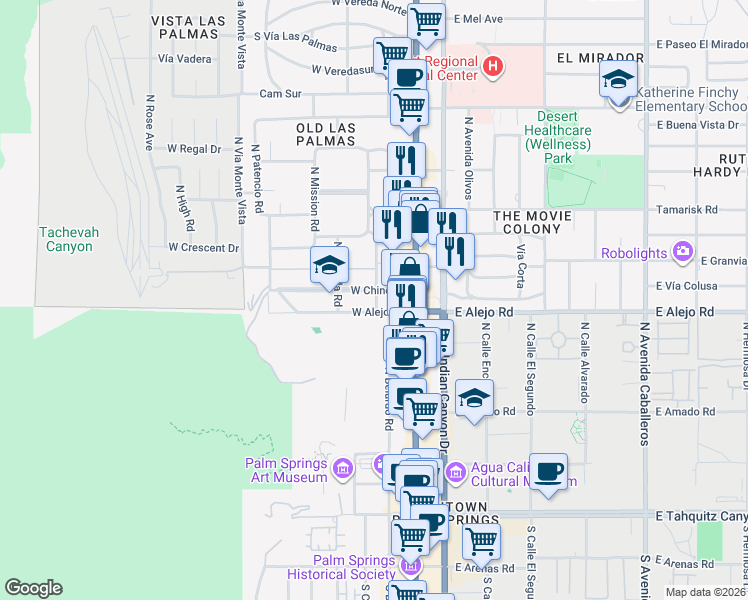 map of restaurants, bars, coffee shops, grocery stores, and more near 535 Belardo Road in Palm Springs