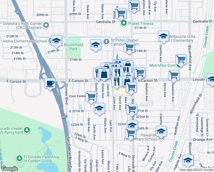 map of restaurants, bars, coffee shops, grocery stores, and more near 21721 Juan Avenue in Hawaiian Gardens