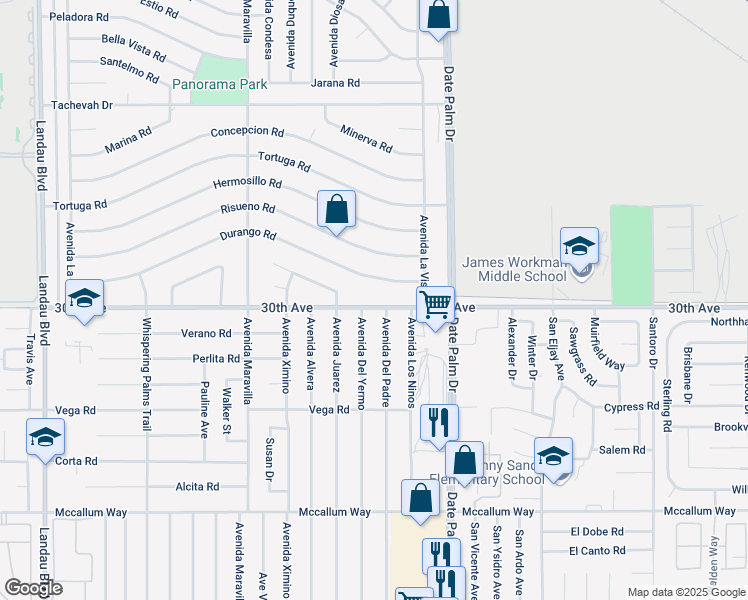 map of restaurants, bars, coffee shops, grocery stores, and more near 68820 30th Avenue in Cathedral City