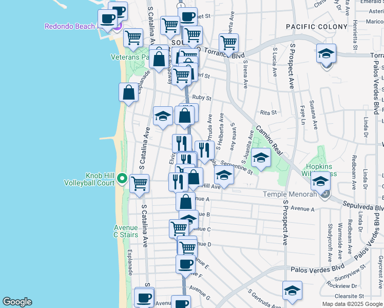 map of restaurants, bars, coffee shops, grocery stores, and more near 628 South Pacific Coast Highway in Redondo Beach