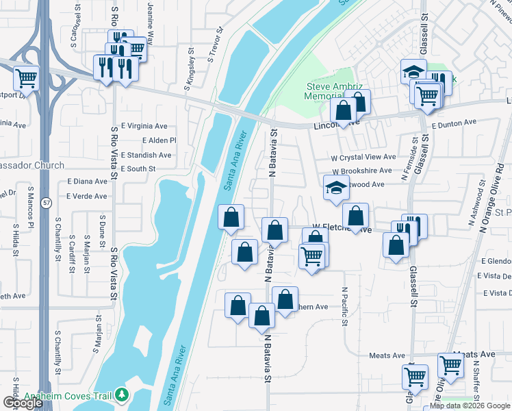 map of restaurants, bars, coffee shops, grocery stores, and more near 2541 North River Trail Road in Orange