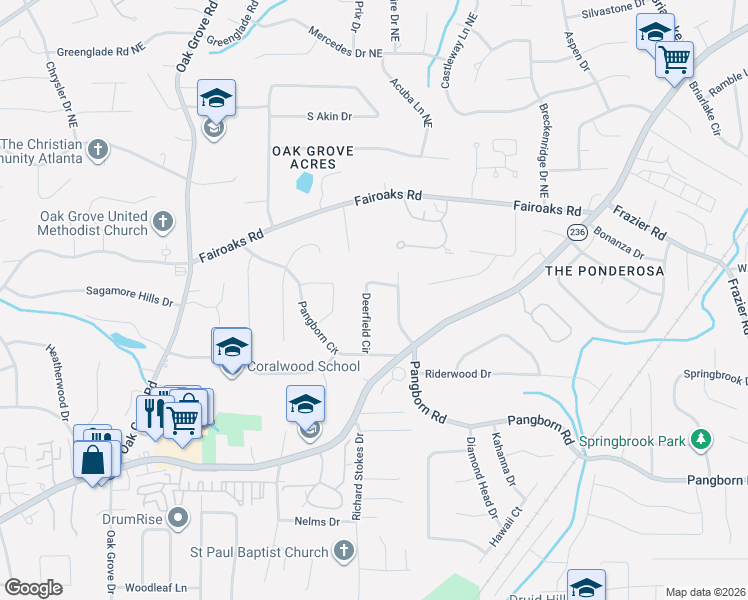 map of restaurants, bars, coffee shops, grocery stores, and more near 1701 Deerfield Circle in Decatur