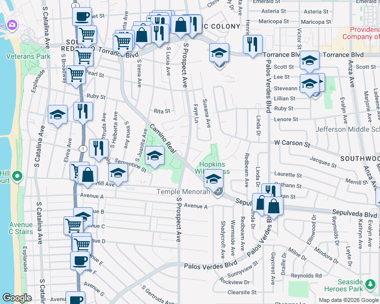 map of restaurants, bars, coffee shops, grocery stores, and more near 1100 Barbara Street in Redondo Beach