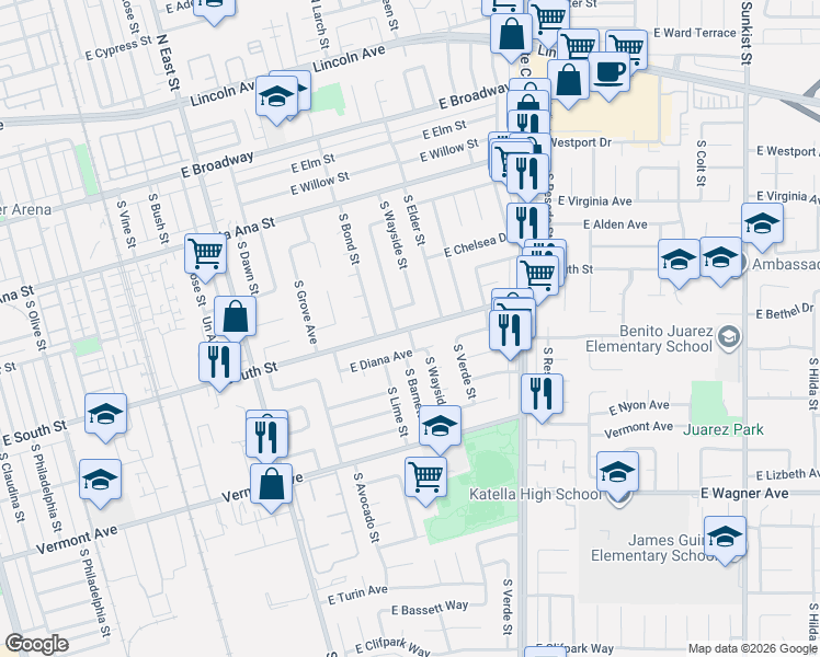 map of restaurants, bars, coffee shops, grocery stores, and more near 1517 East South Street in Anaheim