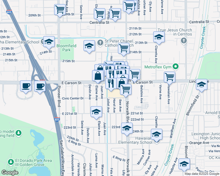 map of restaurants, bars, coffee shops, grocery stores, and more near in Hawaiian Gardens