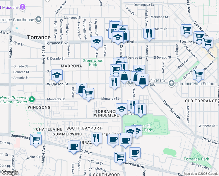 map of restaurants, bars, coffee shops, grocery stores, and more near 1702 Elm Avenue in Torrance