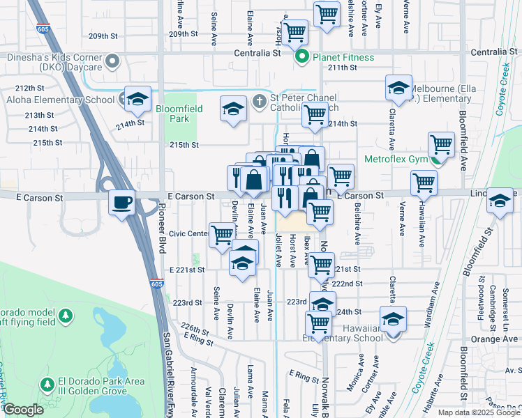 map of restaurants, bars, coffee shops, grocery stores, and more near 21721 Juan Avenue in Hawaiian Gardens