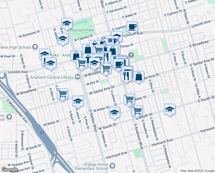 map of restaurants, bars, coffee shops, grocery stores, and more near 431 South Lemon Street in Anaheim