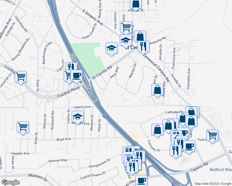 map of restaurants, bars, coffee shops, grocery stores, and more near 19870 Katy Way in Corona