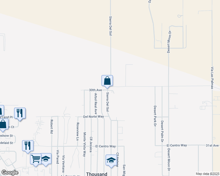 map of restaurants, bars, coffee shops, grocery stores, and more near 72998 30th Avenue in Thousand Palms