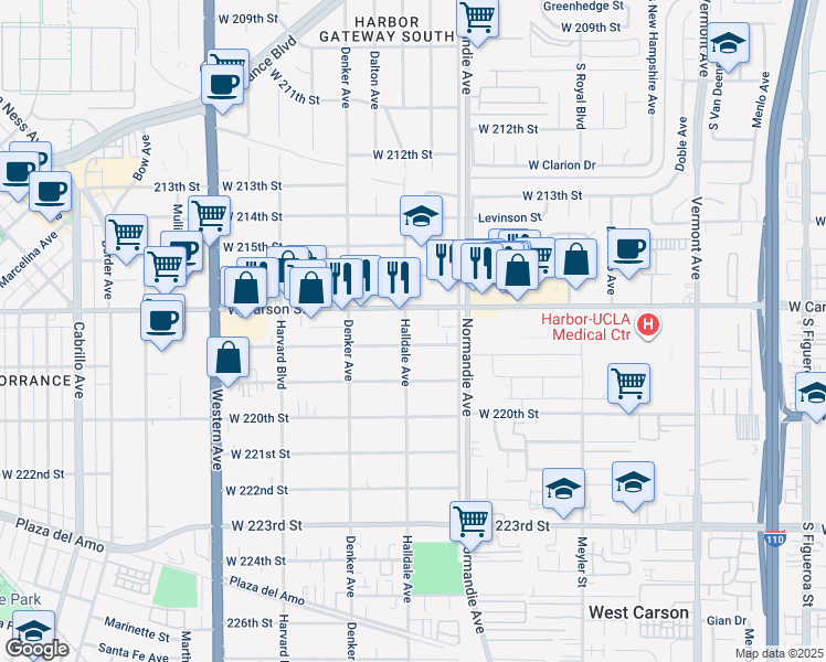 map of restaurants, bars, coffee shops, grocery stores, and more near 21726 Halldale Avenue in Torrance